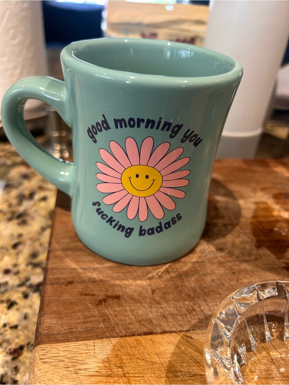 Mint Green Ceramic Mug with Pink Daisy Smile Graphic
